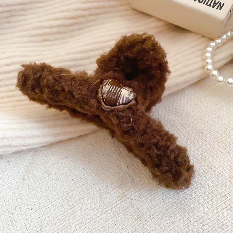 Love plaid hairy large hair grab clip women's fashion versatile hair accessories tie hair high-end shark clip