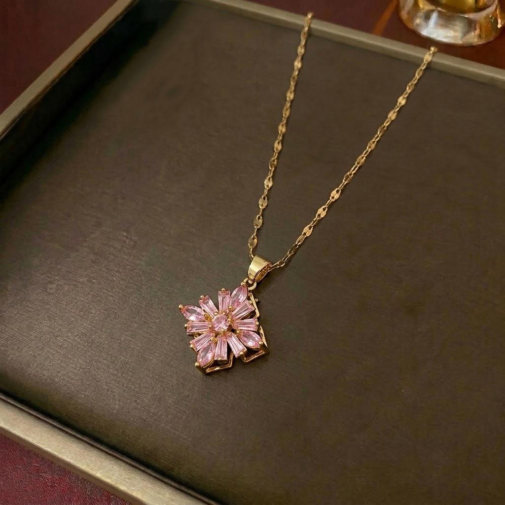 Women's European & American Style Colorful Diamond Flower Rotating Pendant Necklace