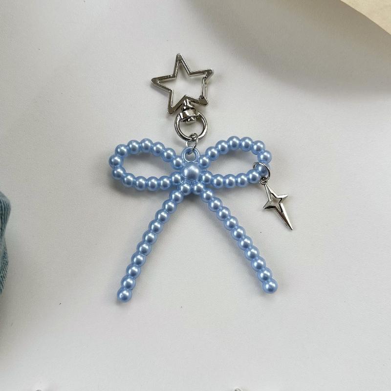 Simple INS Style Lace Pearl Bead Bow Keychain Charming Pendant for Women Purse or Car Key Accessory A7