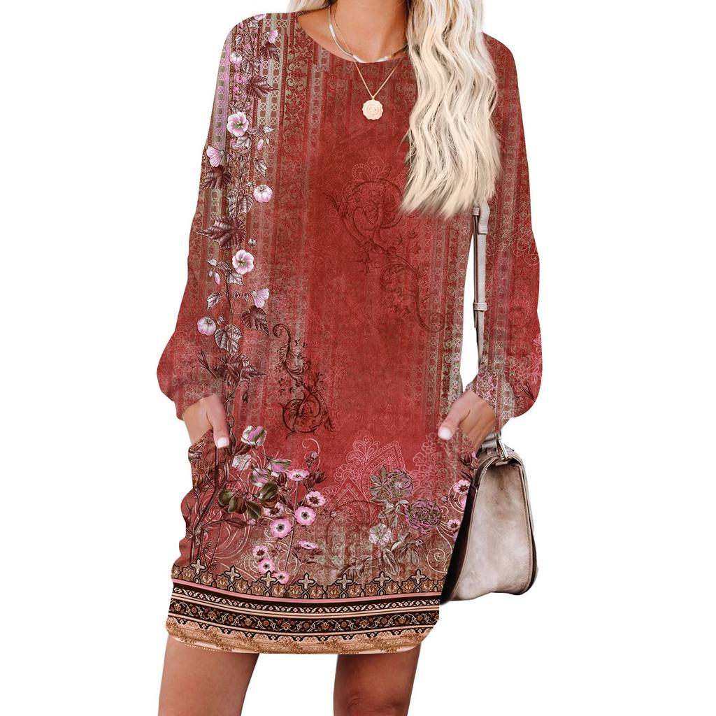 Damen Retro Bedrucktes Modisches Langarm Rundhals Taschenkleid