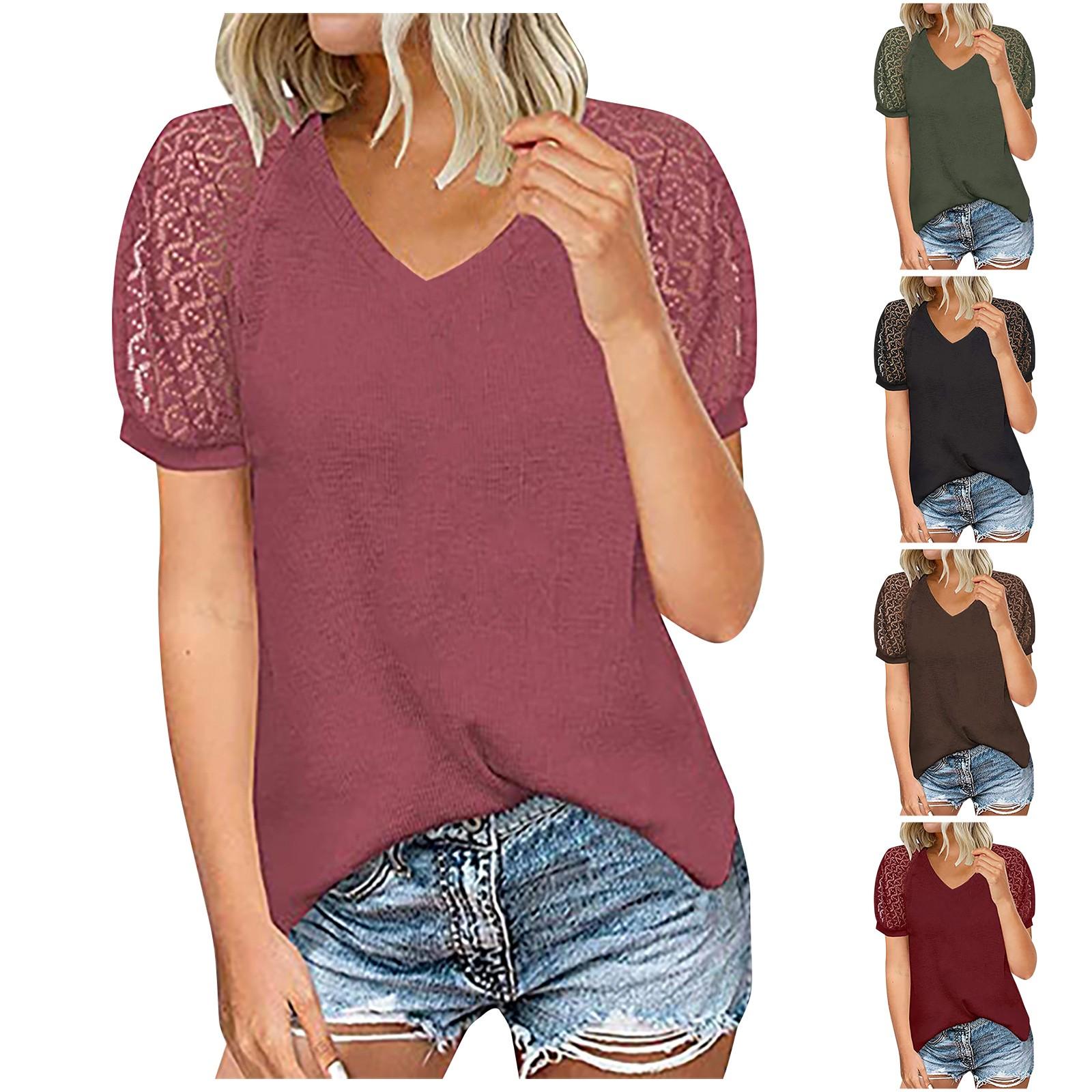 

Women s Fashion Lace Stitching Short Sleeve Round Neck T-Shirt Top