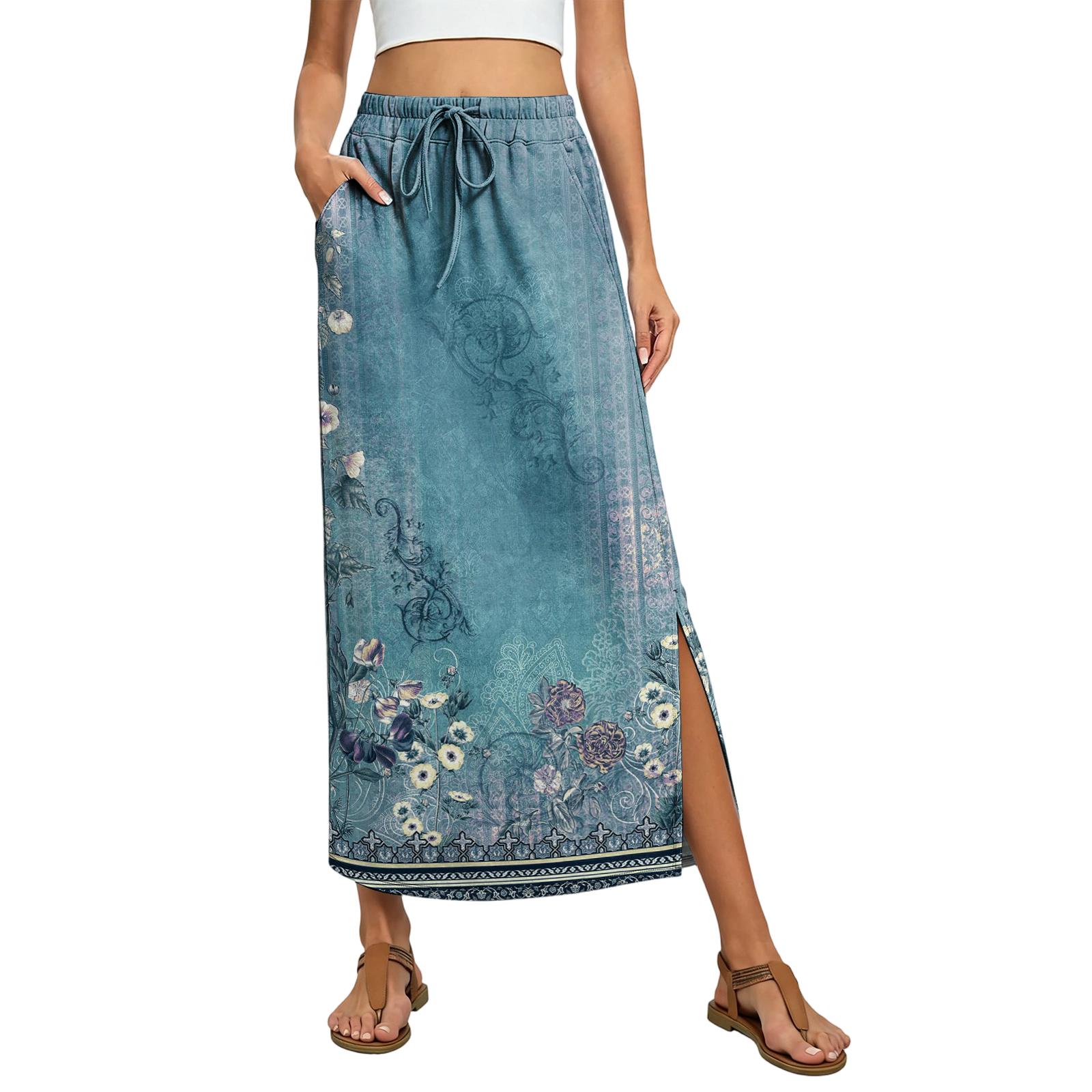 Ladies  floral elastic waist drawstring pocket skirt L