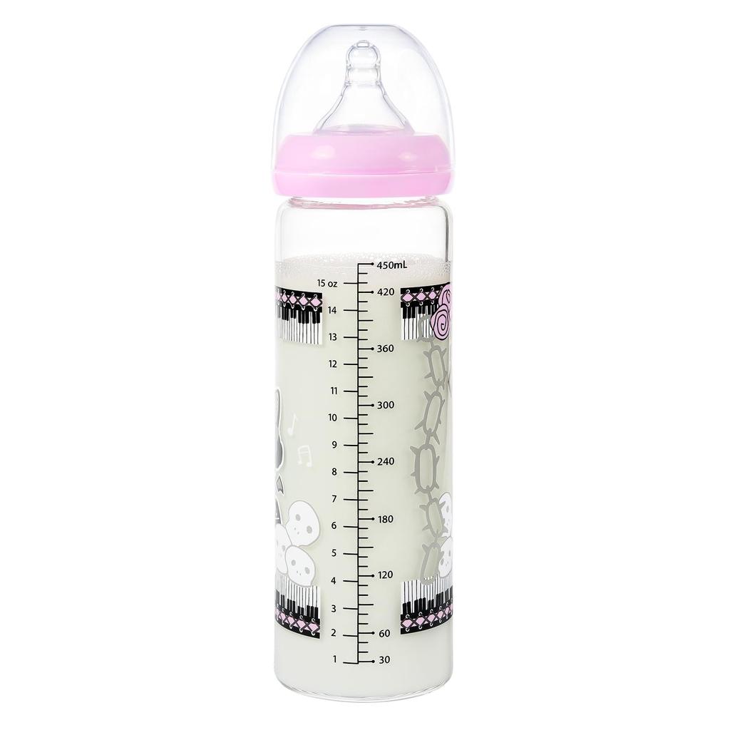 LittleForBig Adult Bottle 450mL Large Capacity (Naughty Bella the Musician) Wide-Mouth Design Silicone Nipple with Dust Cap Glass Baby Bottle Black