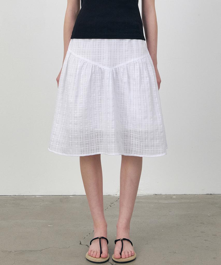 Roeil Check Textured Yoke Gathered Midi Skirt_Ivory