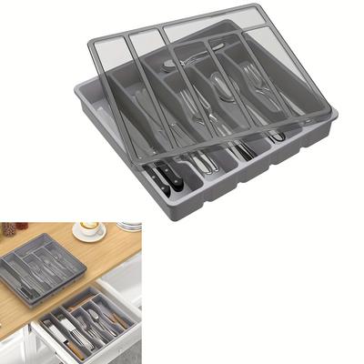 Organizador de Cubiertos con Tapa, Bandeja Cubierta para Utensilios para Cajón de Cocina y Encimera, Caja de Almacenamiento de Plástico para Cubiertos y Vajilla