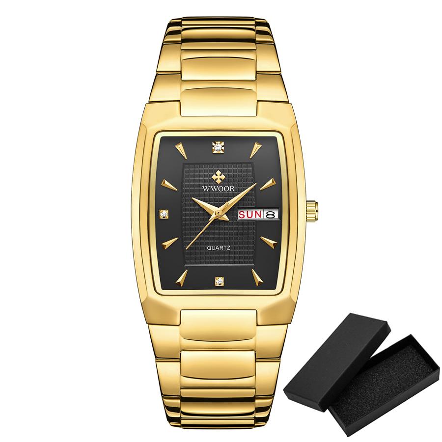 Wwoor New Square Watch Men With Automatic Week Date Luxury Stainless Steel Gold Mens Quartz Wrist Watches Relogio Masculino