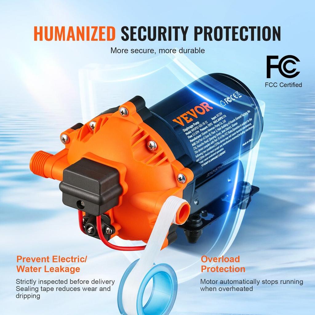 Water Diaphragm Pump, 12V DC, 5.5 GPM Flow, 70 PSI Rated Pressure (40-100 PSI Adjustable), 1/2" MNPT Self Priming Sprayer Pump with Pressure Switch