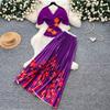 Miyake Pleated Two Pieces Skirt Suit Women 3D Flower Metal Batwing Sleeve High Stretch Blouse Tops + A-Line Maxi Skirt Sets