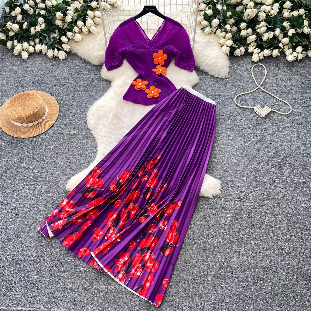 Miyake Pleated Two Pieces Skirt Suit Women 3D Flower Metal Batwing Sleeve High Stretch Blouse Tops + A-Line Maxi Skirt Sets