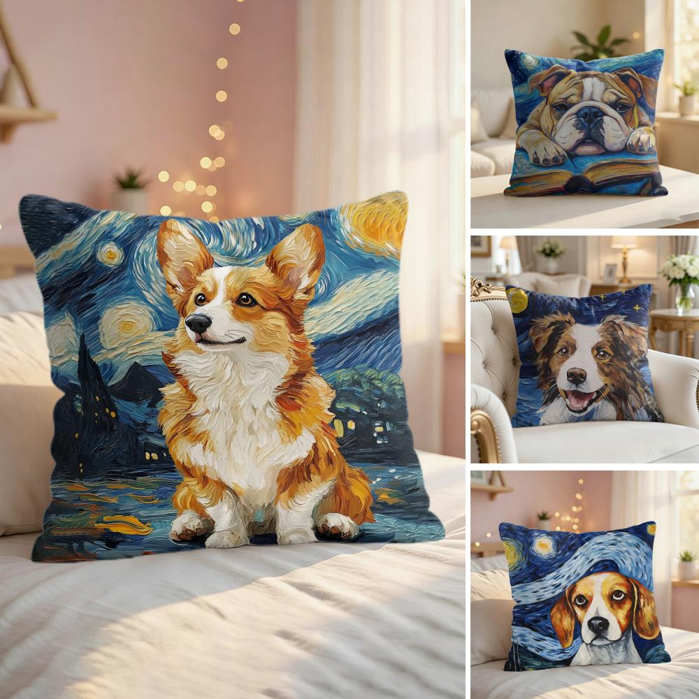Classic Catoon Starry Sky Dog Cushion Cover Natural Linen Organic Fabric Double-Sided Printing Couch Pillow Covers Home Decor