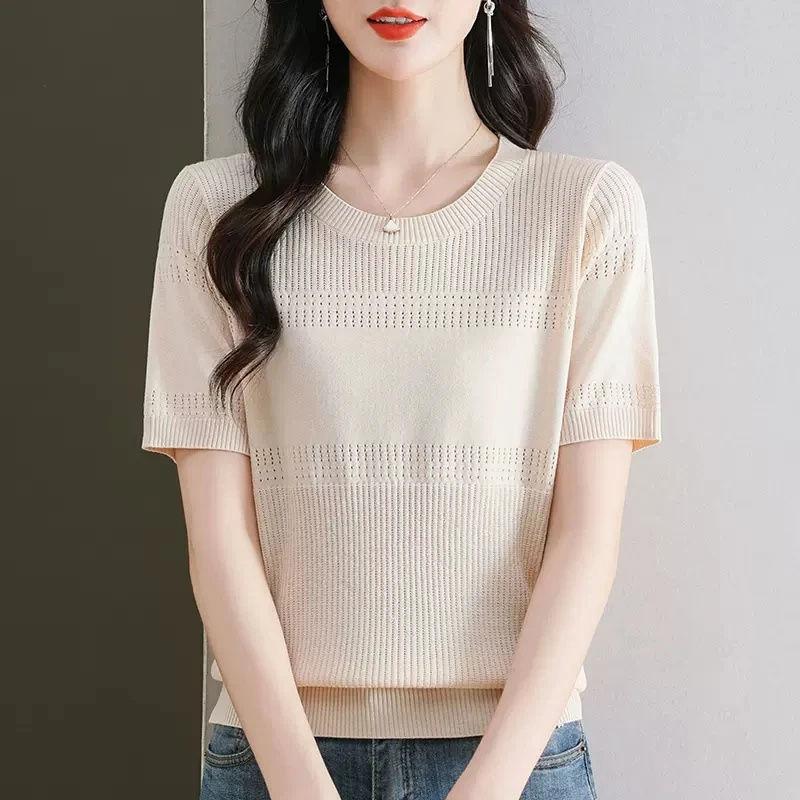 Summer Ice Silk Knitted Shirt Hollow Out Loose Top Temperament Short Sleeve T-shirt for Women
