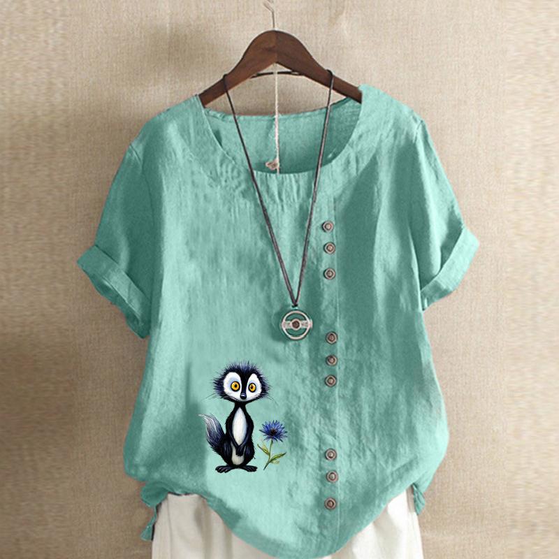Women's Fashion Blue Fox Prined Short Sleeve T-shirt Loose Cotton Shirt Casual Loose Summer Blouse Tops Plus Size
