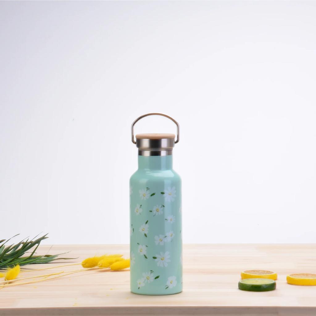 500ML Sports THERMOS CUP With Handle,Bamboo Lid,Printed Drinkware,Stainless Steel Vacuum Flasks,Camping And Gym Water Bottle