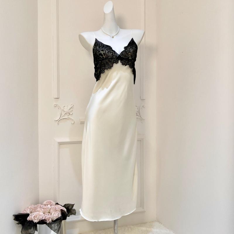 Sexy women's nightgown thin suspender vest with chest pad summer simulation silk hanging skirt nightgown dress live stream