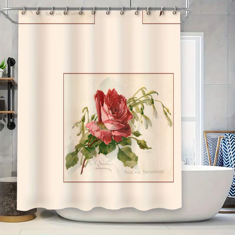 

Watercolor Rose Snowdrop Bath Shower Curtain Cream Red Green Pattern Decorative Shower Set For Home Bathroom W60H190(CM)-1 Pcs