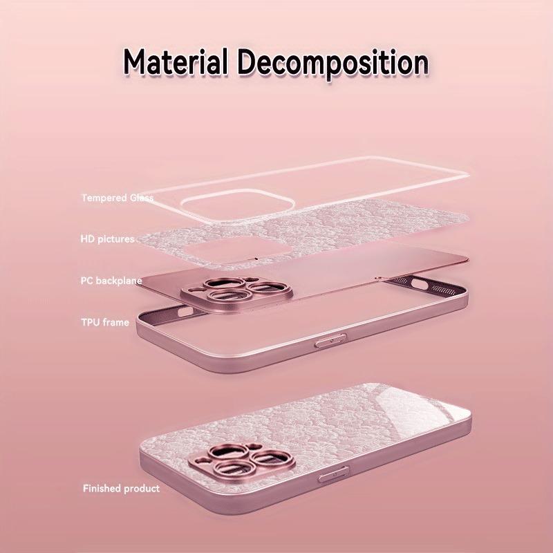 Pink Lace Pattern Pink Metallic Paint Tempered Glass Phone Case For iPhone 11 12 13 14 15 16 17 Pro Max Plus 16E 17Air Cover
