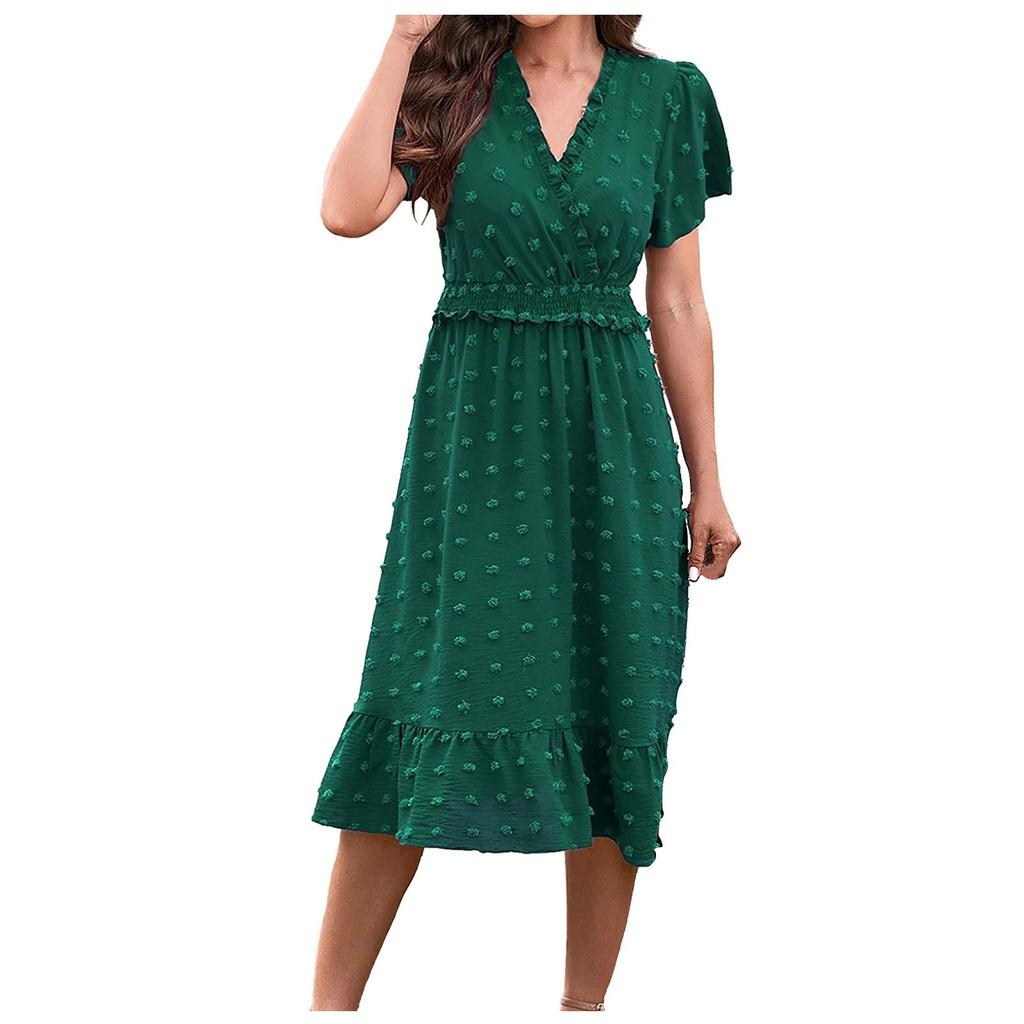 Women's   Summer Dress  V Neck Short Sleeve Belted Ruffle Hem A-Line Bohemian Maxi Dresses