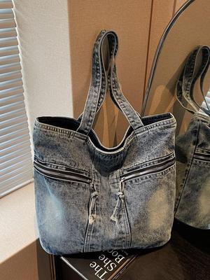 Retro Casual Torba Tote z Przetartego Denimu z Wieloma Kieszeniami - Modna Torba na Ramię dla Mamy do Dojazdów do Pracy 2025