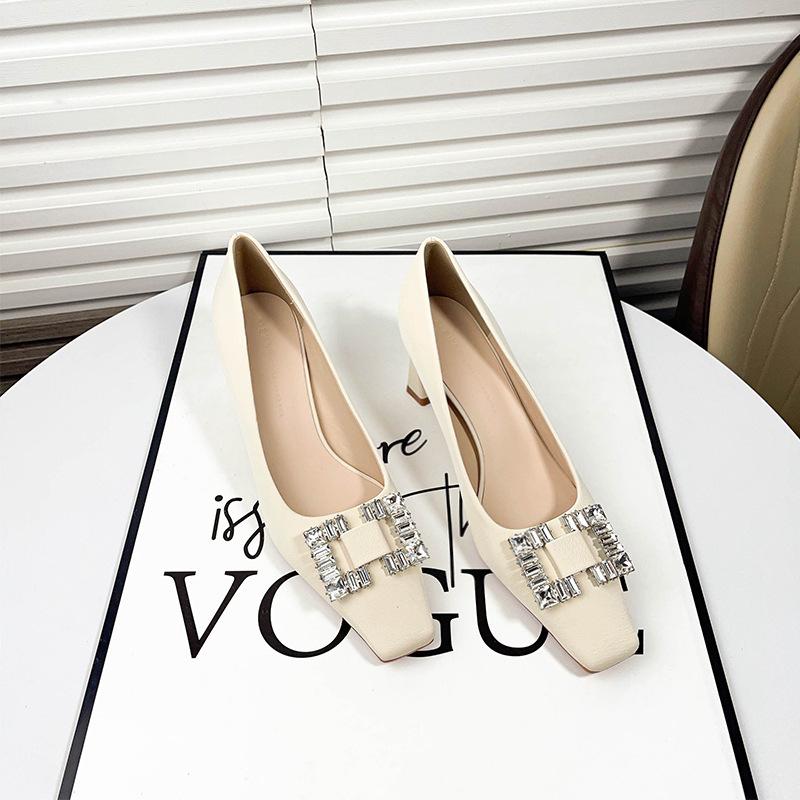 B temperament square head rhinestone high heels design sense shallow mouth square buckle one pedal lazy satin single shoes