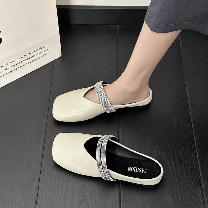 Women Baotou Half Slippers French Square Head Flat-bottomed Slipper Lightweight PU Leather Casual Slippers Women's Muller Slides