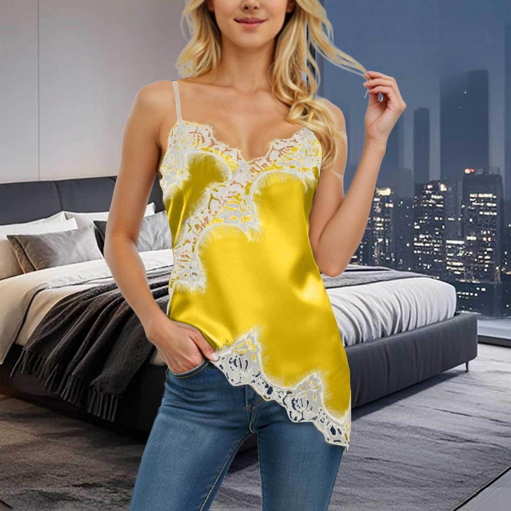 Dam Satin Lös Passform Justerbar Spagettistropp V-ringning Mode Spetskant Camisole Kort Cami Topp