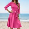 Women's Fashion Casual Waistband Seven Sleeve Round Neck Solid Color Flowy Dresses