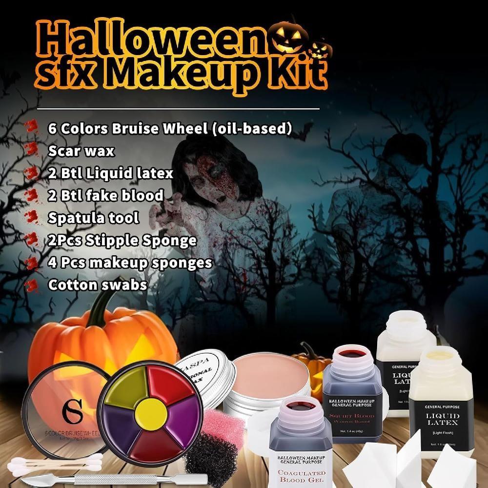CHASPA Halloween Flüssiglatex Spezialeffekte SFX Make-up-Set Gefälschte Narbenwundenwachs + 2 Flaschen Blutflüssigkeit Spachtelwerkzeug Cosplay 2-teiliger Tupfschwamm