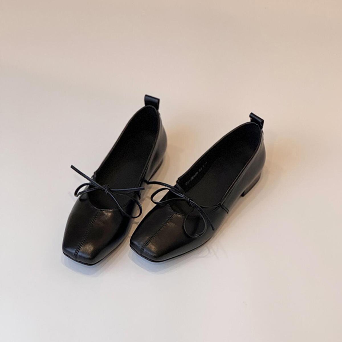 

Sheepskin version~ Versatile bow lace-up single shoes, women s one-pedal square head flats, shallow mouth comfortable ballet shoes 35