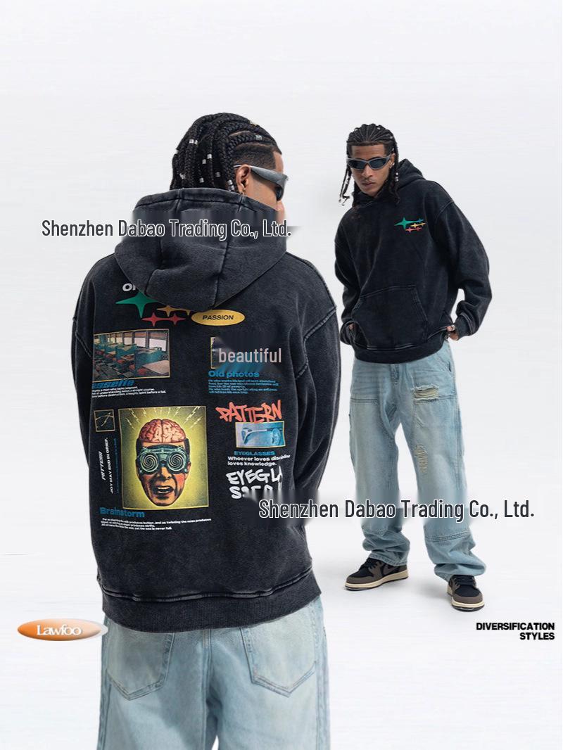

Retro Vintage Washed Cotton Hoodie - Unisex Loose Fit Pullover for Autumn/Winter M