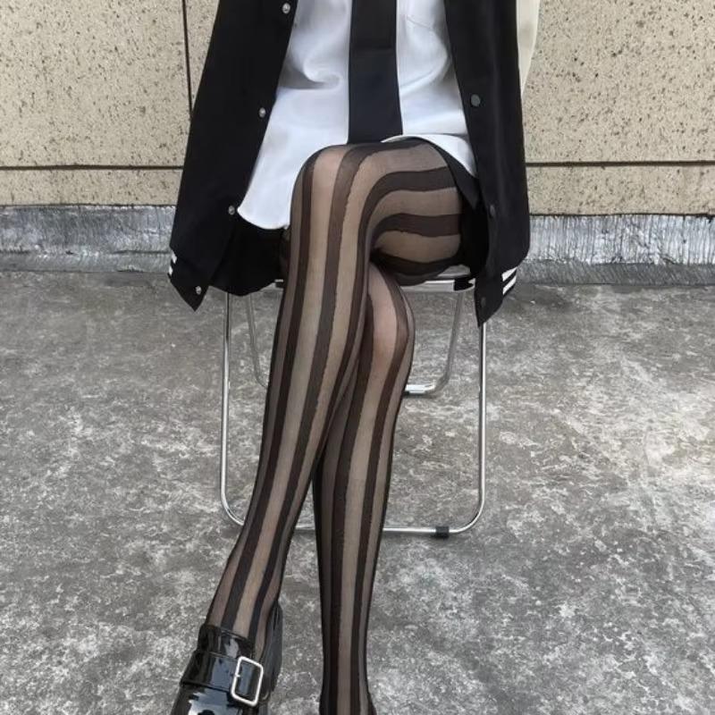 Vintage Striped Pantyhoses Women'S Sexy Sheer Wide Vertical Stripe Black Tights Retro Classic Nylon Hosiery Thigh High Stockings
