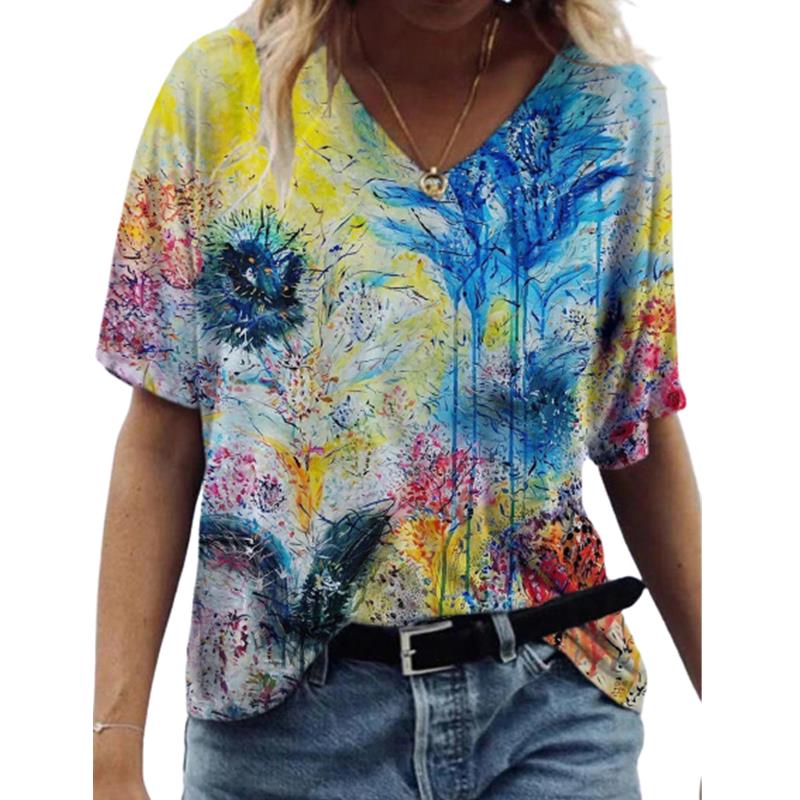 Oversized Women Summer New Casual Short Sleeve Loose Large Size Tops Landscape 3D Floral Print Top