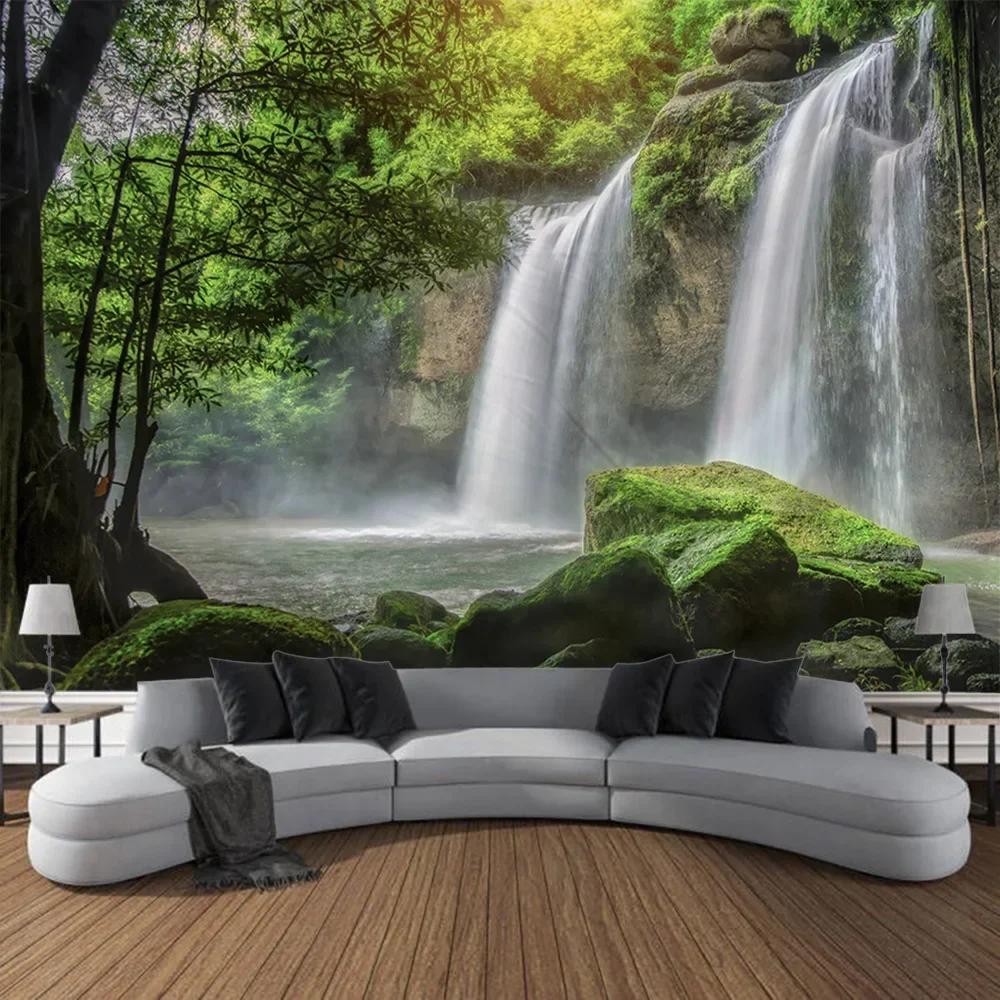 Schöne Waldwasserfall-Wandteppich Wohnzimmer Stoff Wandbild Heimdekoration Wandtuch Strand Picknick-Tischdecke Schlafmatte