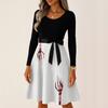Women's Casual Vintage Halloween Dress Long Sleeve Round Neck Ghost Print Retro Style Midi Dress with Waist Tie for Daily Wear
