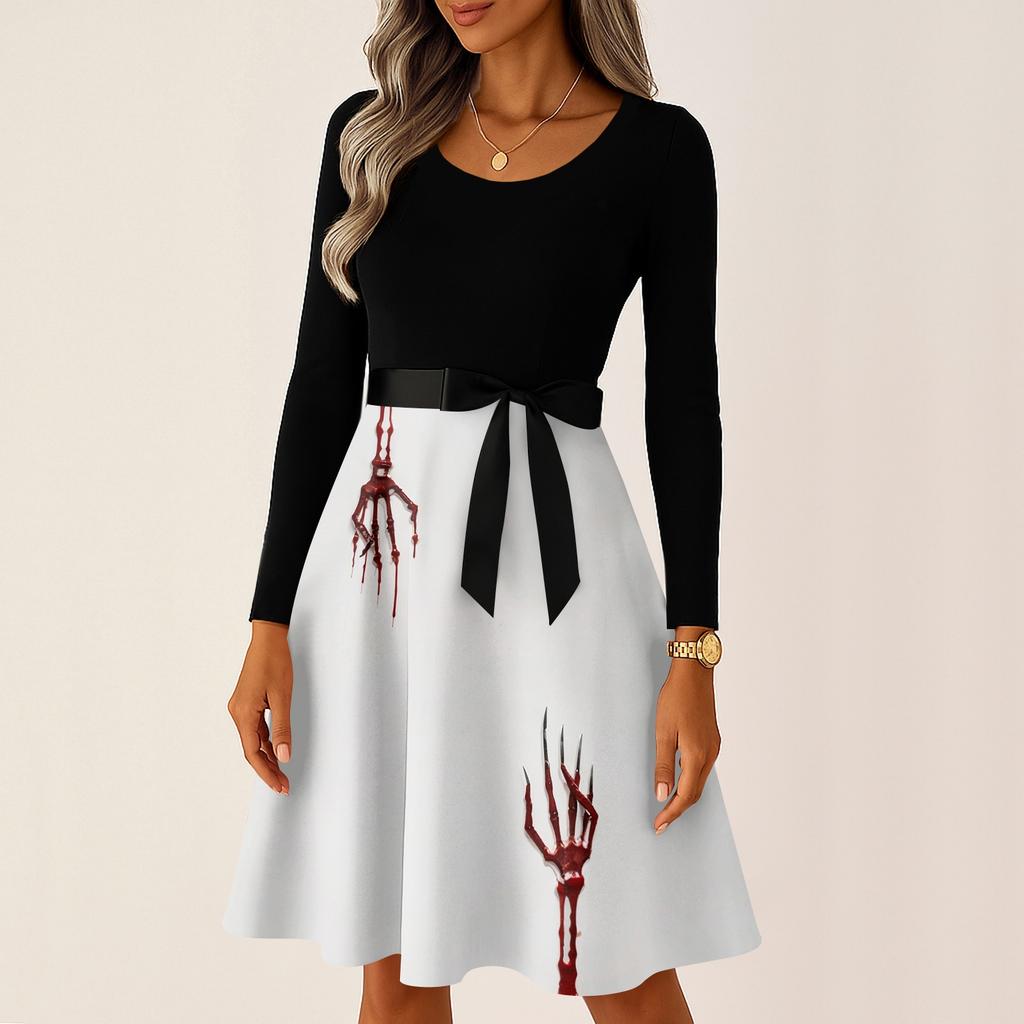 Women's Casual Vintage Halloween Dress Long Sleeve Round Neck Ghost Print Retro Style Midi Dress with Waist Tie for Daily Wear