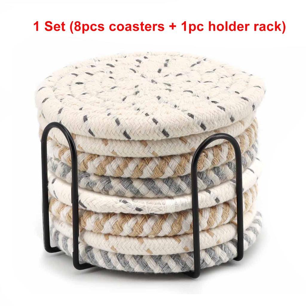 8Pcs Cup Coasters for Drinks Absorbent Woven Coaster Set with Holder Farmhouse Cloth Fabric Cup Coasters for Coffee Tea