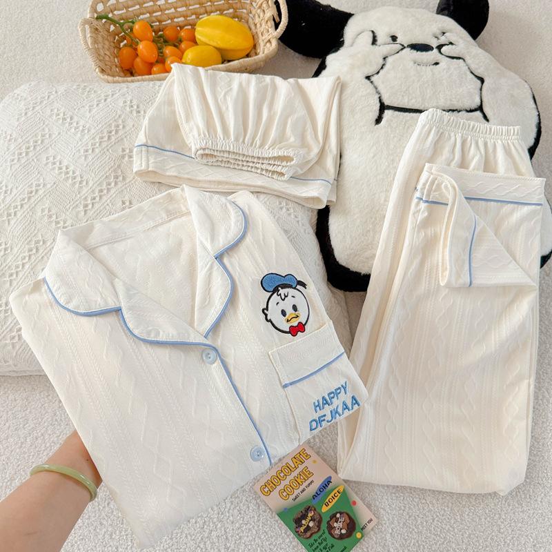 Solid color high-end wind summer imitation cotton jacquard duckling pajamas women's summer short-sleeved three-piece set