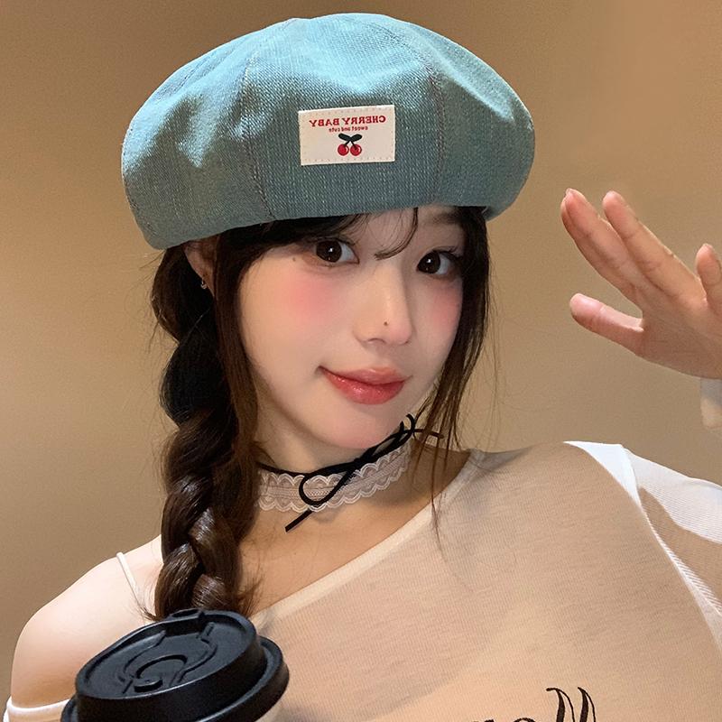 Vintage Cherry Patch Denim Beret Children Spring and Summer Versatile Octagonal Hat Show Face Little Painter Hat