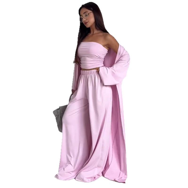 2025 Summer Women’s Strapless Vest, Long Cardigan, and Wide-Leg Pants Set