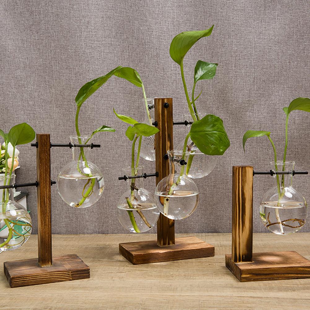 Simple and Creative Glass Vase with Wooden Stand for Hydroponic Cultivation (Type C)