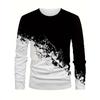 Round Neck 3D Gradient Printed Top Casual Long Sleeved Men's T-shirts - Soft Medium Stretch Polyester Fabric Spring and Autumn Relaxed Fit Clothing