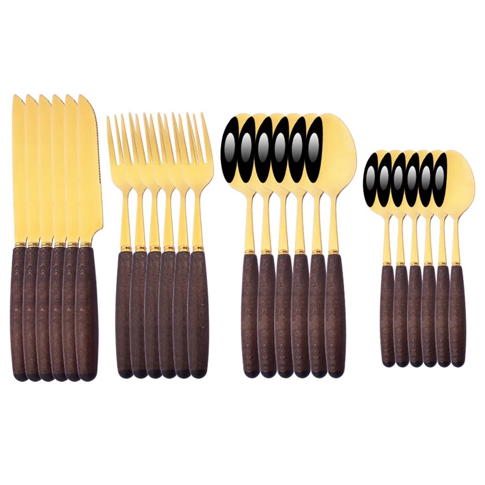6People Stainless Steel Dinner Gold Imitation Wooden Handle Dinnerware Knife Coffee Spoon Fork Cutlery Set Tableware Silverware