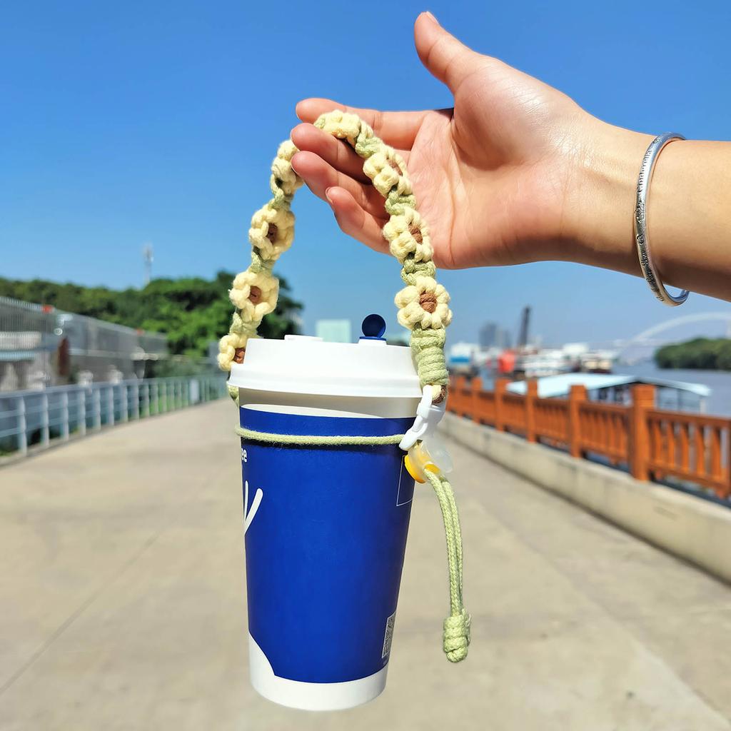 Handwoven Flower Lanyard Hanging Rope Water Bottle Strap Coffee Takeaway Kettle Supplies Portable Wristband Keyring