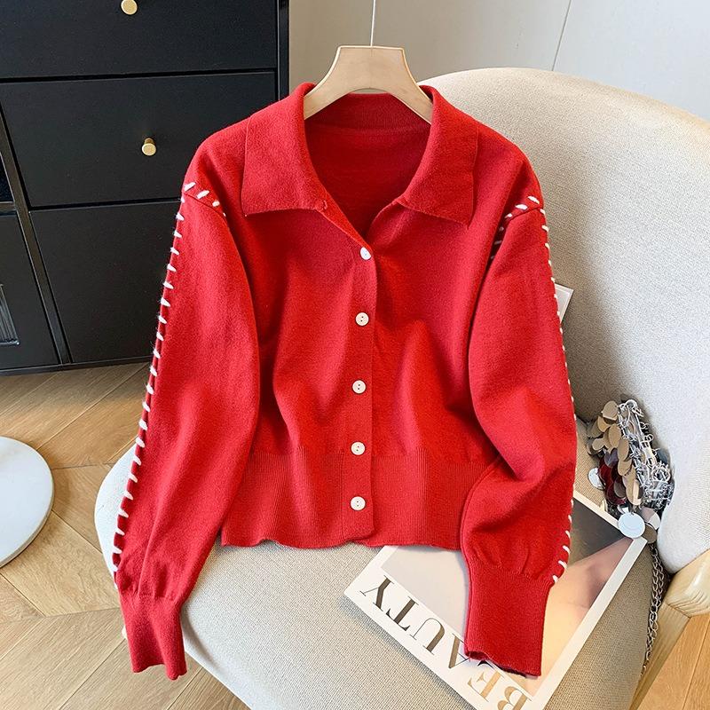 Lapel knitted cardigan women's autumn new soft waxy sweater top