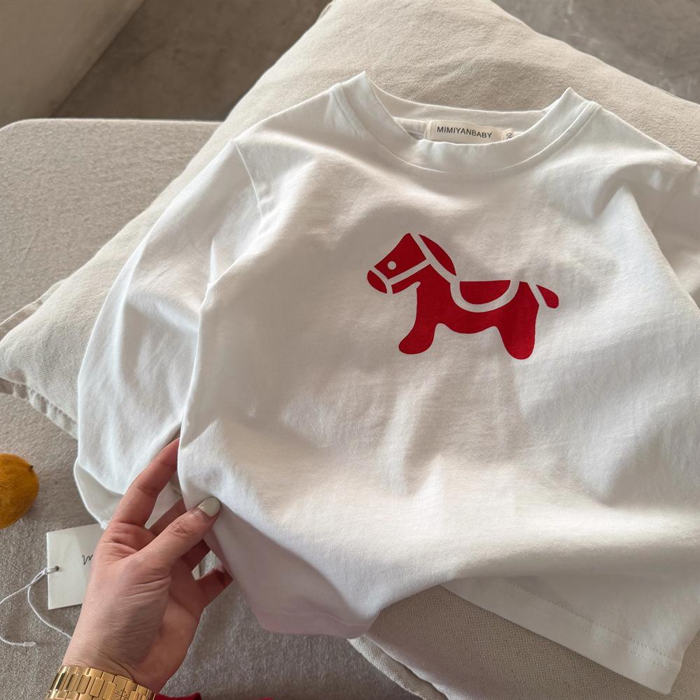 Boys Spring Long Sleeve Cotton Undershirt with Pony Print Casual Top