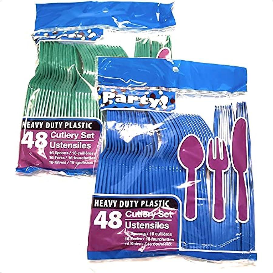 

Коллекция одноразовых столовых приборов в синих и зеленых командных цветах Набор пластиковых столовых приборов 96 штук 32 ложки 32 вилки 32 ножа 2 упаковки о United States