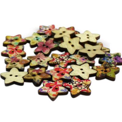100Pcs Vintage Pentagram Star Shape Flower Print Sewing Mending Wooden Buttons