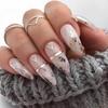 24Pcs Long Almond Press On Nails French Pink Wave Line Design Detachable Fake Fingernails Manicure Tips