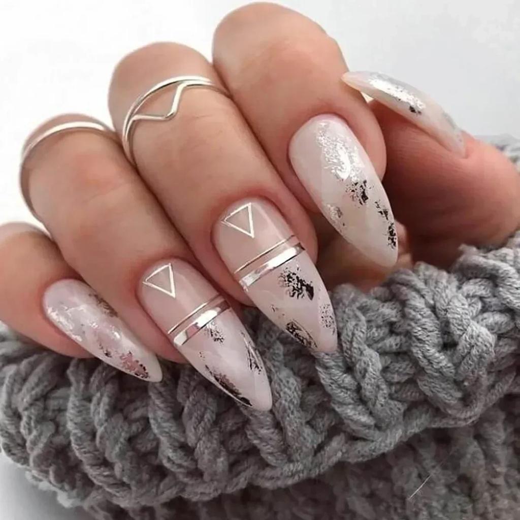 24Pcs Long Almond Press On Nails French Pink Wave Line Design Detachable Fake Fingernails Manicure Tips