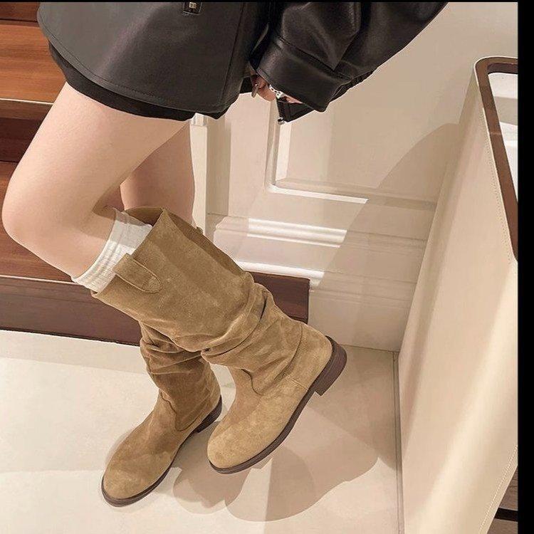 New Stacked Thick Heel Suede Spring and Autumn Cowboy Boots Retro 2025 Long Boots Women's Beauty Western High Boots Pleated Rad