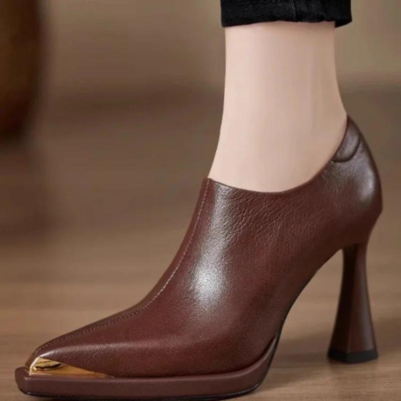 Damskie Buty na Wysokim Obcasie Luksusowa Skóra Szpiczaste Pojedyncze Buty Modne Eleganckie Szpilki z Bocznym Zamkiem Głębokie Wycięcie Wysokie Obcasy dla Pań